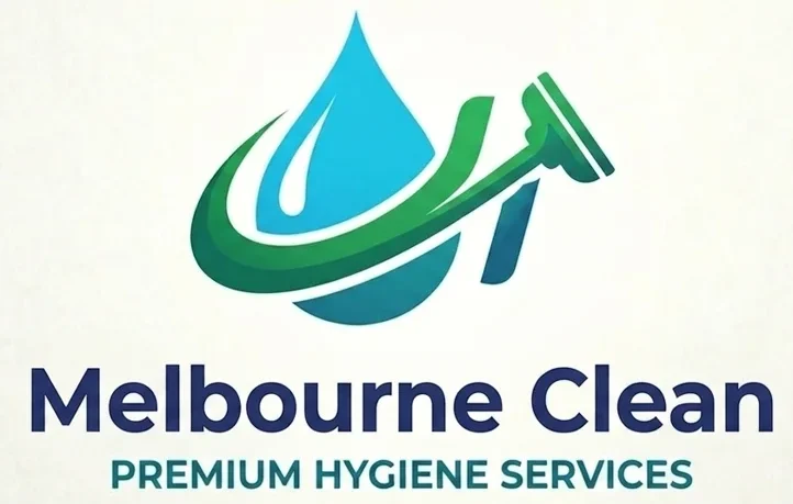 Logo for "Melbourne Clean Premium Hygiene Services" featuring a blue water droplet with green swooshes, suggesting freshness and cleanliness.