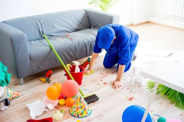 Services 5 A person in blue overalls is doing after-party cleaning in a room scattered with party decorations, balloons, and confetti. The setting is bright, and a couch is in the background.