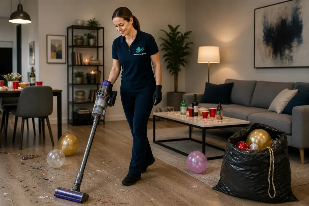 Home 6 A woman in a navy uniformis doing after-party cleaning in a room scattered with party decorations. A trash bag with balloons and bottles is nearby.