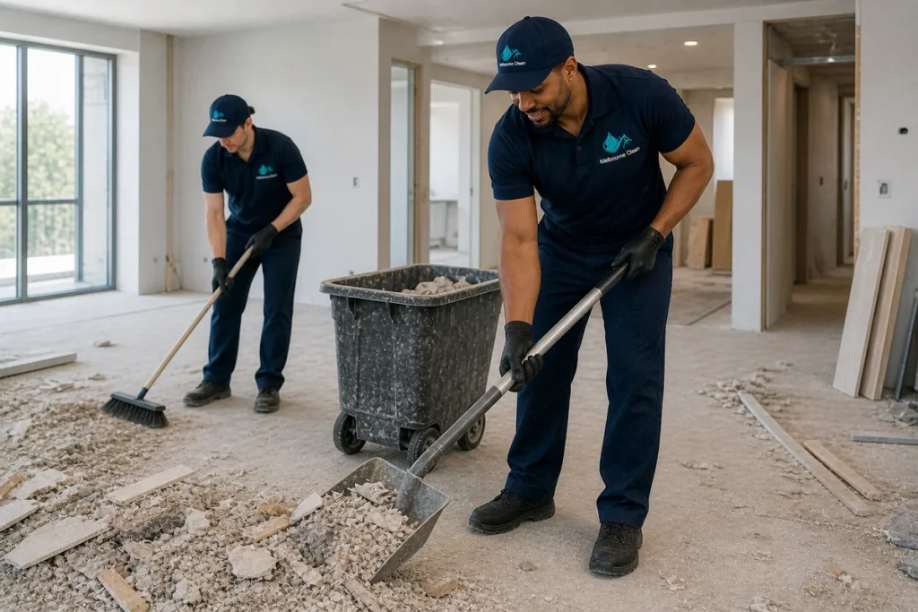 Home 18 Two workers in blue uniforms clean a bright, unfinished room. One shovels rubble, while the other sweeps. A bin is filled with debris.