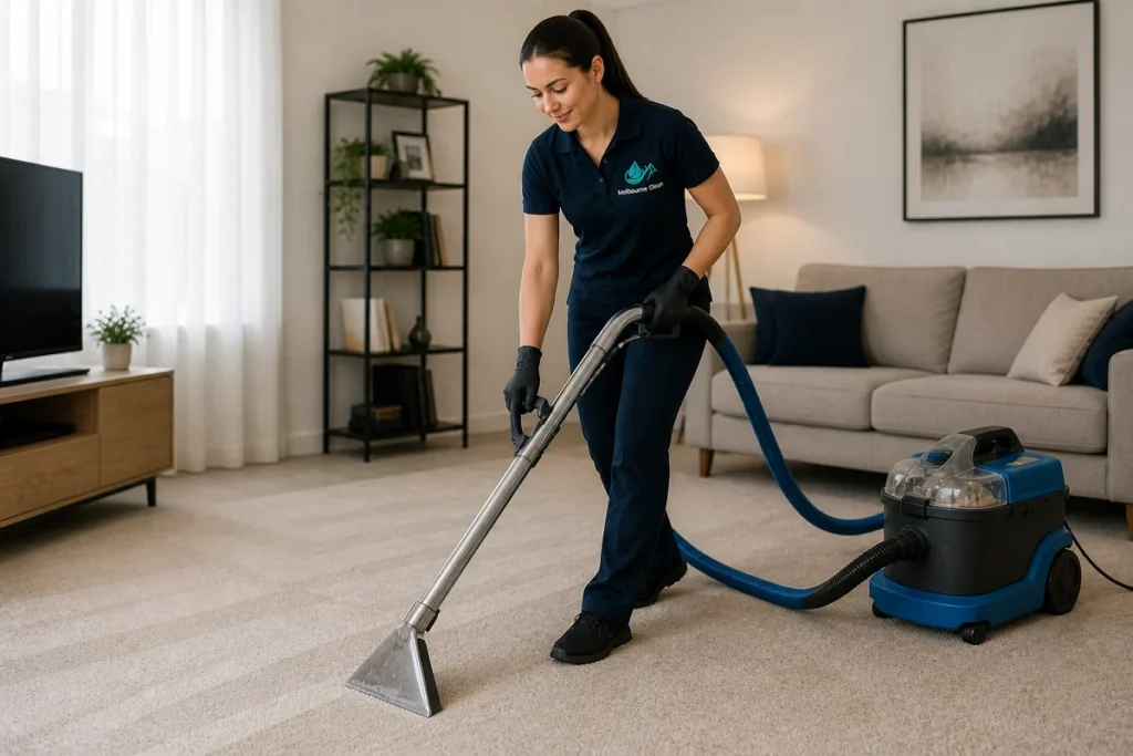 Home 4 A woman in a navy uniform is cleaning a carpet with a blue vacuum in a modern living room. The room has a grey sofa and a black shelf.