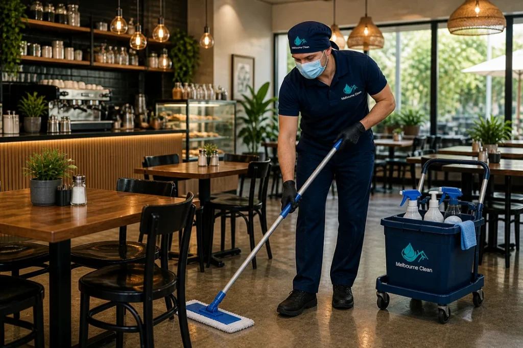 Home 11 A cleaner service Melbourne member in uniform mops the floor of a stylish cafe, surrounded by wooden tables, chairs, and plants. A cleaning cart with supplies is nearby.