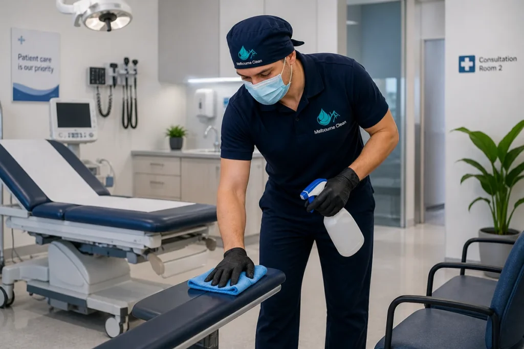 Home 13 A person in a mask and gloves cleans a bench in a sterile medical room, with medical equipment in the background.