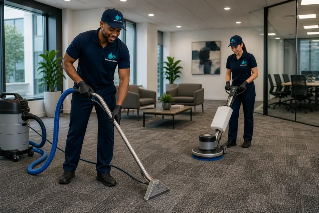 Home 15 A male and a female janitor, both in navy uniforms, clean a big carpet with a vacuum and floor polisher.