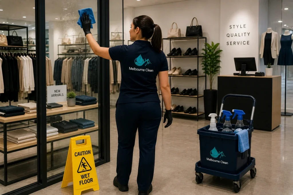 Home 10 Cleaner in uniform wipes store window with blue cloth, beside a caution wet floor sign and cleaning cart in a trendy clothing shop.