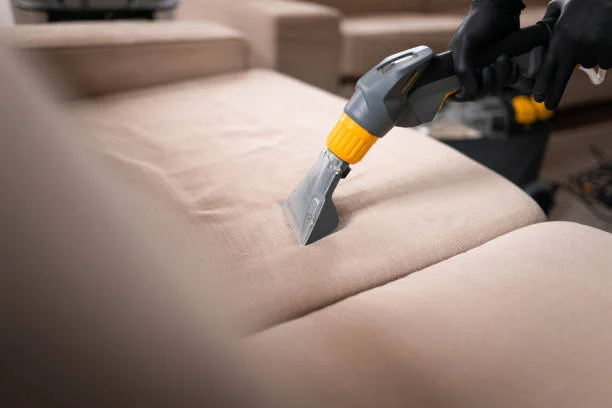 Home 19 A person wearing black gloves uses a handheld vacuum with a gray and yellow nozzle to clean a beige sofa.