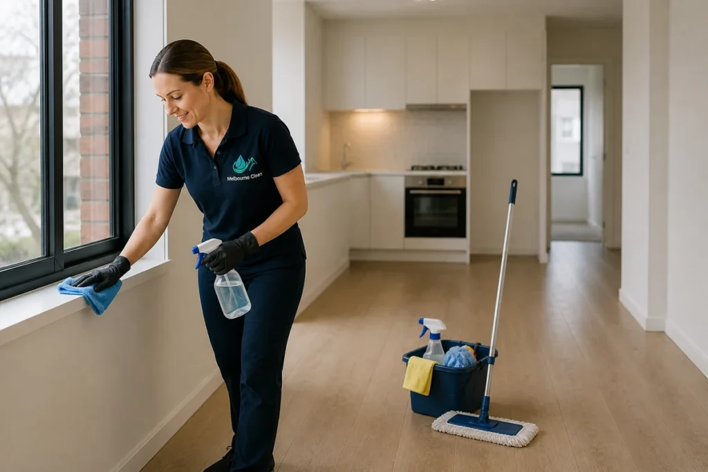 Home 3 In end of lease cleaning woman in a cleaning uniform wipes a windowsill inside a bright, modern kitchen. A mop and cleaning supplies are nearby on a wooden floor.