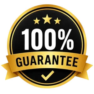 Home 27 A round, black and gold badge with "100% Guarantee" in bold. Three stars adorn the top, and a gold ribbon and checkmark are at the bottom.