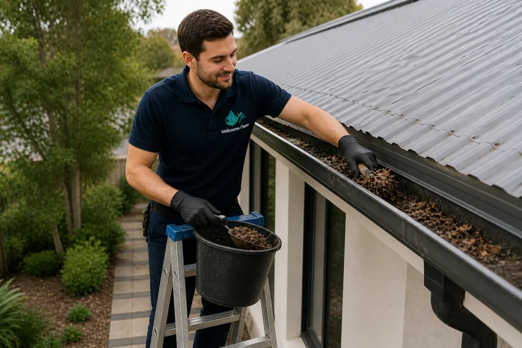 Home 7 A man wearing gloves and a navy shirt stands on a ladder, clearing leaves from a gutter into a black bucket.