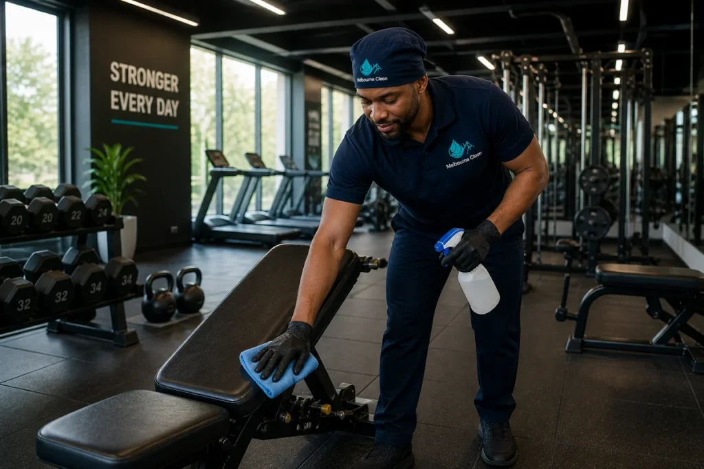 Home 12 A person wearing a blue uniform and gloves cleans a gym bench with a cloth and spray bottle. Dumbbells and treadmills are in the background.