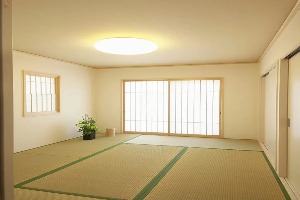 Home 2 After house cleaning a room with tatami mats, shoji sliding doors, a soft glowing ceiling light, and a small potted plant in the corner.