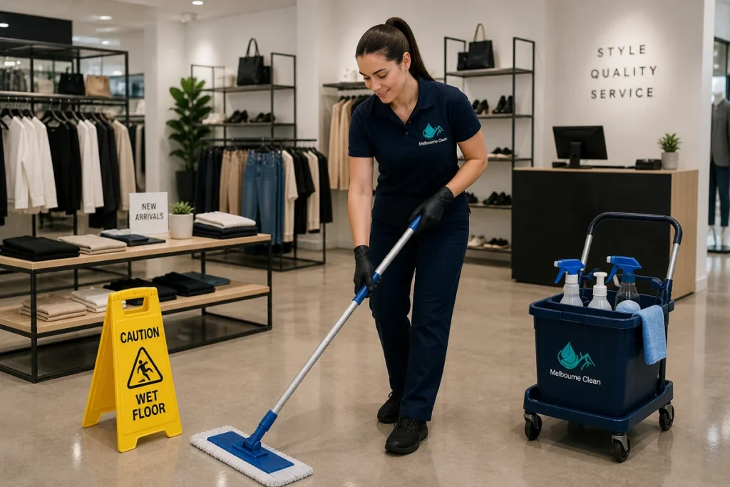 Home 21 A woman mops the shiny floor of a clothing store, smiling. A caution wet floor sign and cleaning cart are nearby.