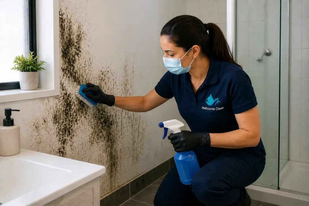 Home 22 A person wearing gloves and a mask cleans mold from a bathroom wall with a sponge and spray bottle, conveying diligence and focus.