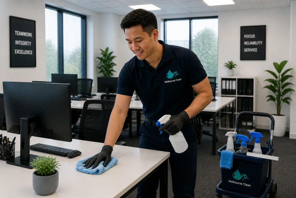 Home 9 A cleaner in a uniform is doing office cleaning with a cloth and spray bottle, smiling. Nearby are cleaning supplies.