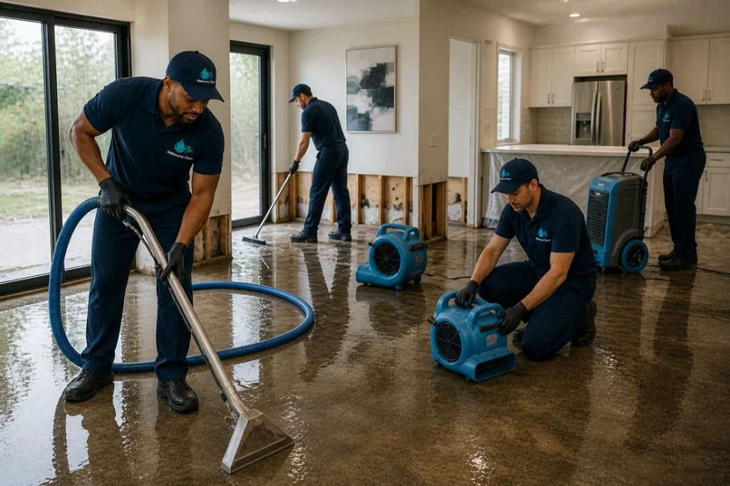 Home 24 Three workers in blue uniforms clean a flooded home with industrial equipment. The room is waterlogged, with exposed drywall and fans running.