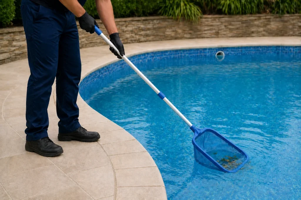 Home 25 A worker in gloves uses a pool skimmer to clean debris from a clear blue swimming pool.
