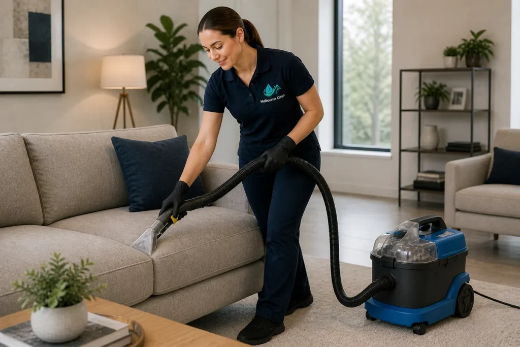 Home 5 While upholstery cleaning, a woman in a blue uniform vacuums a grey sofa in a modern living room. The room has a lamp, plants, and a bright, tidy, comfortable vibe.