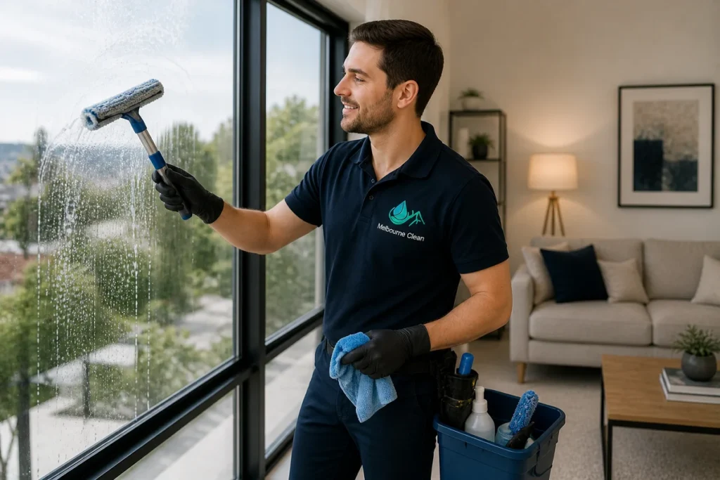 Home 8 A man in a navy uniform smiles while cleaning a large window with a squeegee. He holds a cloth in one hand, with a cleaning caddy on his side.